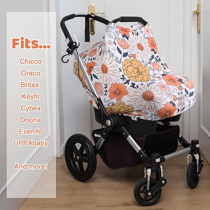 Rquite All-in-1 Car Seat Cover Baby, Carseat Covers for Girl Boy, Stretchy Soft Infant Car Seat Cover, Multi-use Baby Carrier Cover, Car Seat Canopy, Stroller Sun Shade, Nursing Breastfeeding Cover-BubblyBeeBaby