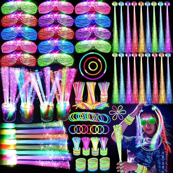 148 PCS Glow in the Dark Party Supplies, 16 Fiber Optic Wands, 14 LED Glasses, 100 Glow Sticks and 18 LED Hair Clips Fiber Optic for Neon Party, Wedding, Birthday, Concert, New Year-BubblyBeeBaby