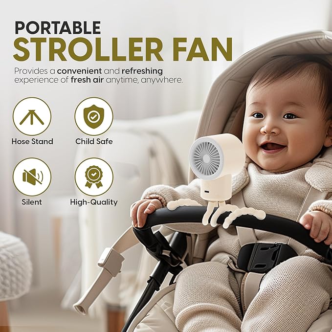 Portable Mini Travel Stroller Fan - Battery Operated, Clip On, Small, Handheld, Rotating, Rechargeable, Personal Fan with Flexible Tripod, 3 Speeds for Baby Crib, Bed Car, Seat Treadmill-BubblyBeeBaby