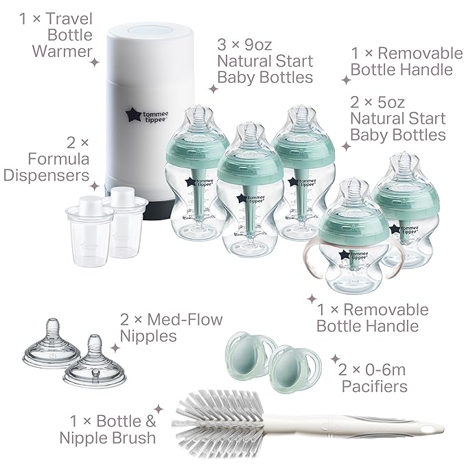 Tommee Tippee Advanced Anti-Colic Ready for Baby Bottle Set, 5oz and 9oz Self-Sterilizing Bottles, Slow and Medium Flow Nipples, 0-6 Month Pacifiers, Travel Bottle Warmer, Removable Bottle Handles-BubblyBeeBaby