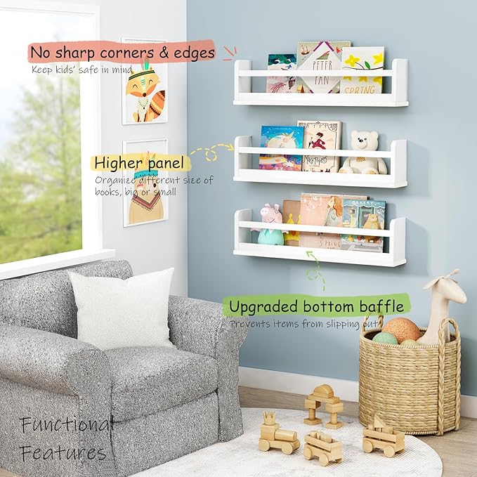 24 Inch White Wall Bookshelf for Kids Room, Floating Nursery Book Shelves Wall Mounted with Lip and Hanging Rod for Baby Girl Boy Bedroom, Large Corner Hanging Children Bookshelves -Set of 3-BubblyBeeBaby