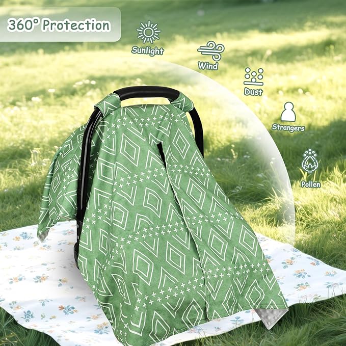 TANOFAR Baby Carseat Canopy, Peekaboo Opening Car Seat Canopy for Babies, Soft and Breathable Infant Carrier Canopy, Multi-use Baby Carrier, Stroller, Nursing Cover, Minky Blanket, Green-BubblyBeeBaby