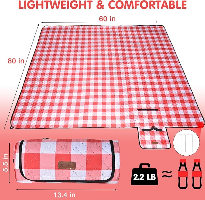 HX&OD Outdoor Picnic Blanket, Extra Large, 80''x60'' Waterproof Foldable Blankets Gingham Picnic Mat for Beach, Camping Grass Lawn Park Accessories Cute Couple Ideas Wedding (Red, 80”x60”)-BubblyBeeBaby
