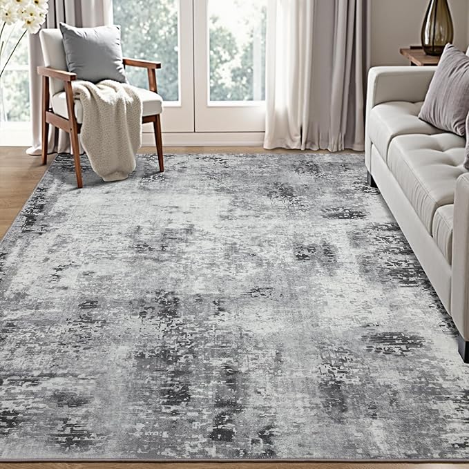 Kelarea Living Room Rug 5x7 Grey Rug Machine Washable Large Area Rugs, Non Slip Abstract Vintage Indoor Carpet for Bedroom, Nursery, Classroom, Dining Room, Home Office-BubblyBeeBaby