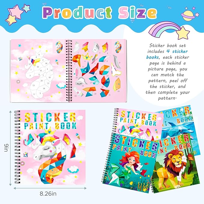 homicozy 4PCS Sticker Paint Books for Kids Ages 4-10,Unicorn Mermaid Animals Designs Paint by Stickers,Sticker by Numbers,Party Birthday Gifts for Girls 4-10,Create 40 Pictures One Stickers at A Time-BubblyBeeBaby