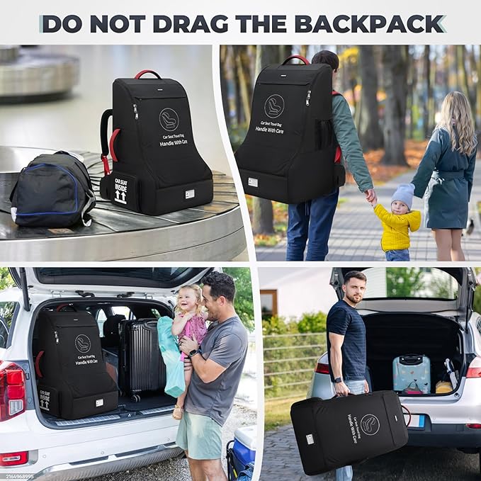 RAINSMORE Padded Car Seat Travel Bag for Airplane Heavy Duty Car Seat Backpack for Air Travel Baby Carseat Cover Bags for Airport Large Car Seats Carrier Fits Car Seats & Booster Seats, Black-BubblyBeeBaby