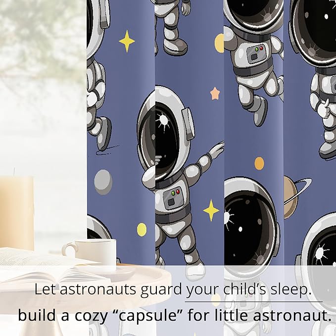 Kids Astronaut Blackout Curtains - 100% Blackout, Thermal Insulated, Noise Reducing, Perfect for Kids Room and Nursery, 2 Panels (Spacewalk Buddies, W52×L84)-BubblyBeeBaby