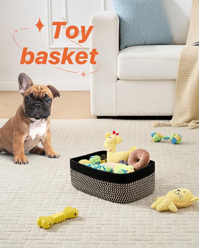 KALLAX Small Woven Basket, 12 x 8 x 4.5 Inches, Storage Basket for Organizing, Cute Small Rope Shelf Closet Cube Storage Bins Baskets for Shelves, Dog Toy Gift Baskets Empty, 3 Pack Black & Brown-BubblyBeeBaby