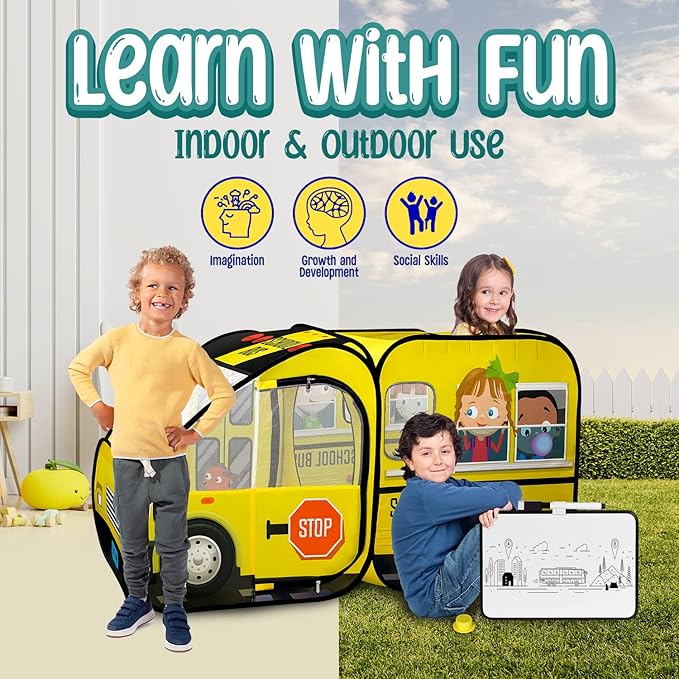 Kiddzery School Bus Pop Up Kids Play Tent - Tents with Sound Play Button for Toddler & Up - Girls and Boys Magic Wheels Bus for Indoor & Outdoor - Pretend Toy Playhouse - Playhouses for Toddlers-BubblyBeeBaby