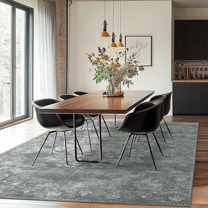 jinchan Washable Area Rug 8x10 for Living Room - Soft Faux Wool Ultra-Thin Stain Resistant Non-Slip Distressed Vintage Floral Large Carpet for Bedroom,Dining Room,Home Office,Nursery(Grey, 8'x10')-BubblyBeeBaby