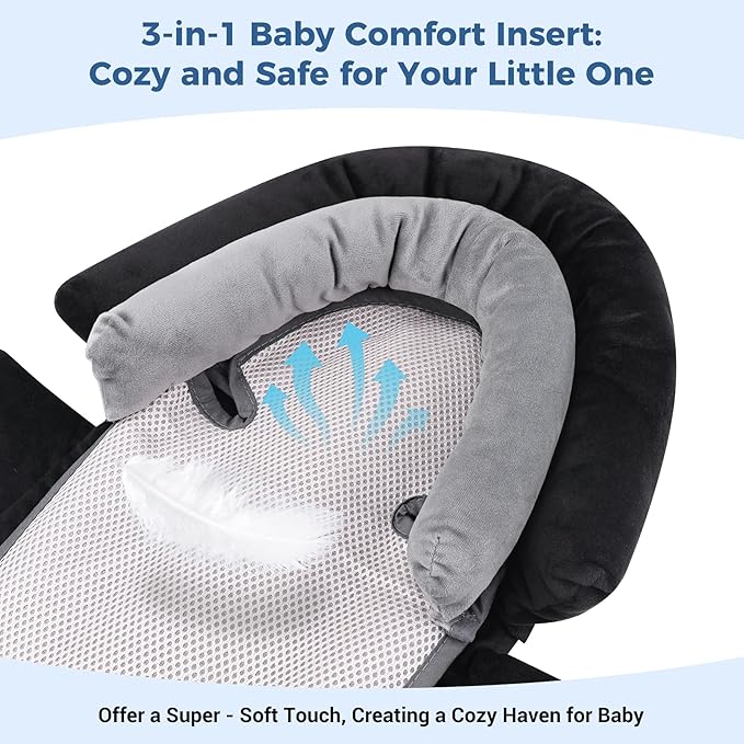 COOLBEBE Upgraded 3-in-1 Babybody Support & Strap Covers Set for Newborn Infant - Extra Soft Car Seat Insert Cushion Pad, Perfect for Carseats, Strollers, Swing, Black-BubblyBeeBaby