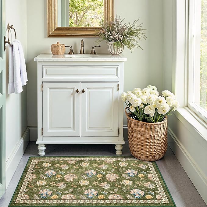 jinchan 3x5 Floral Rug for Entryway Washable Kitchen Rug Vintage Romance Design Small Mat Non Slip Indoor Doormat Lightweight Low-Profile Throw Carpet for Entrance Bathroom Laundry Room, Green-BubblyBeeBaby