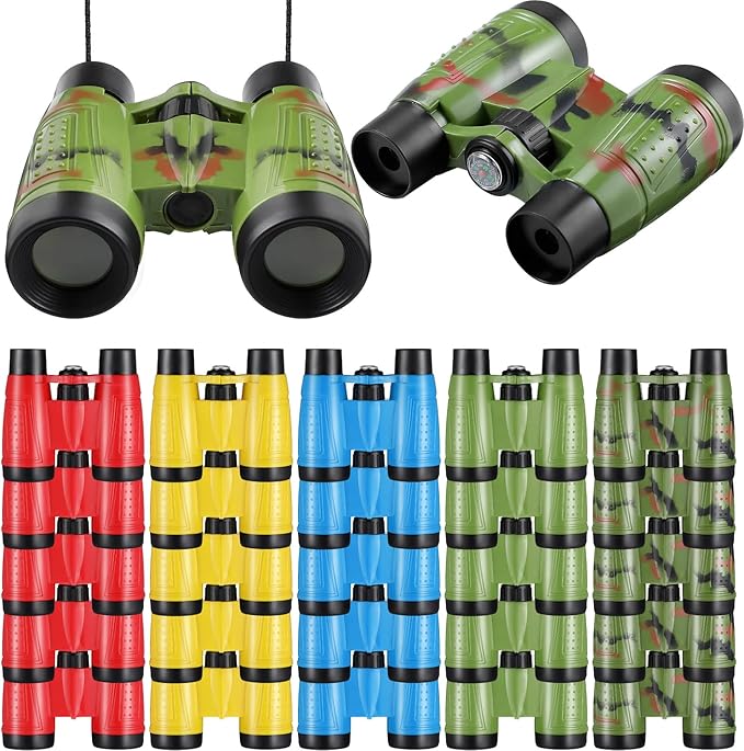 25 Pack Binoculars for Kids 6+ Years Old, with Compass and Neck String Toddler Toy Binoculars Gift Set for Camping Adventure, Party Favor, Red, Yellow, Camo, Green, Blue-BubblyBeeBaby