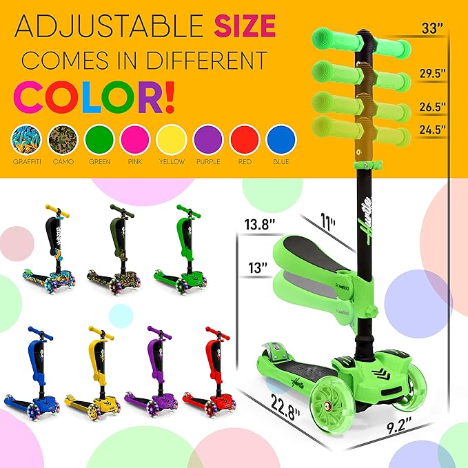 Hurtle 3-Wheeled Scooter for Kids - Wheel LED Lights, Adjustable Lean-to-Steer Handlebar, and Foldable Seat - Sit or Stand Ride with Brake for Boys and Girls Ages 1-14 Years Old-BubblyBeeBaby