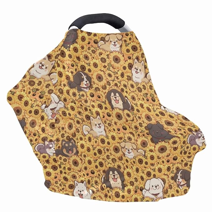 Binienty Sunflower Baby Stuff Car Seat Covers, Dogs Animal Print Carseat Canopy Multi-use Breastfeeding Carseat CanopyInfant Stroller Covers, Ideal Gifts for Wife Mom-BubblyBeeBaby