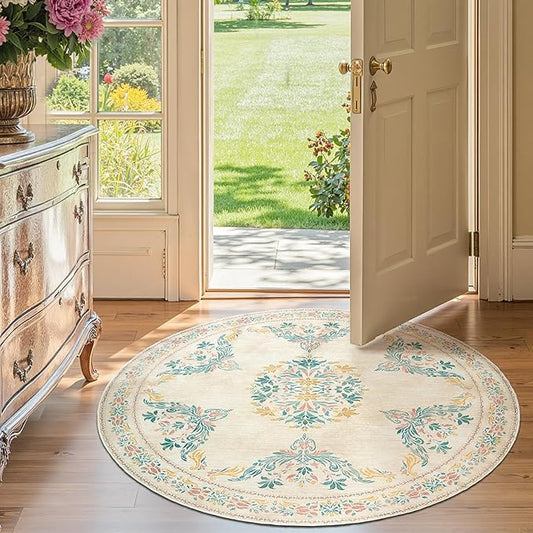 jinchan Round Rug 4ft Area Rugs Vintage Floral Distressed Design,Machine Washable Soft Non-Slip Low-Pile Ultra-Thin Circle Rug for Entryway Bedside Living Room Kitchen Nursery (4' Round,Apricot Multi)-BubblyBeeBaby