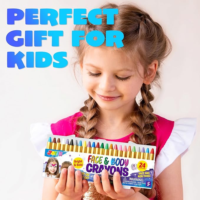 JOYIN 24 Colors Face Paint Safe & Non-Toxic Face and Body Crayons (Large Size 3 inch) Ultimate Party Pack Including 6 Metallic Colors for Birthday Toy Makeup Party Suppiles, Gifts for Kids Girls Boys-BubblyBeeBaby