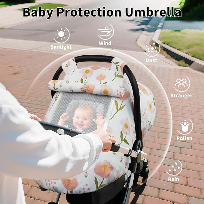 Elstey Car Seat Cover Baby, Minky Dot Carseat Covers Baby Girls, Lightweight Infant Car Seat Cover Canopy with 2 Layers Breathable Mesh Windows, Stroller Carrier for Babies Newborn Essentials-BubblyBeeBaby