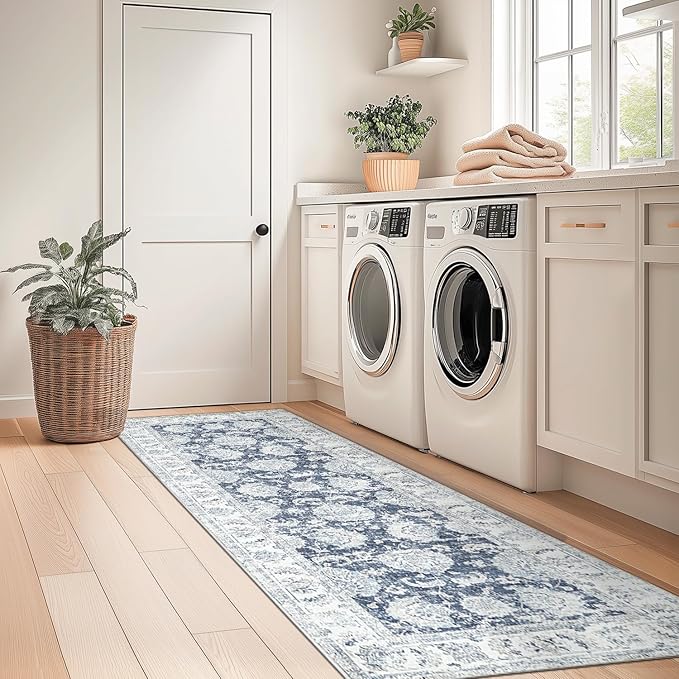 jinchan Runner Rug 2x7 Machine Washable Hallway Rug Dark Blue Vintage Floral Print Non-Slip Low Pile Ultra-Thin for Kitchen,Entryway,Laundry Room,Bedroom,Farmhouse (2‘x7’,Dark Blue)-BubblyBeeBaby