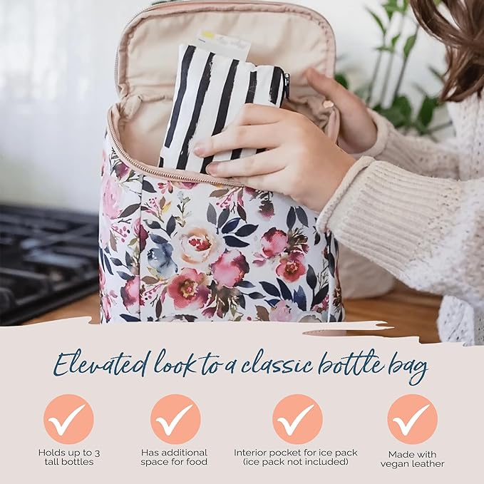 Itzy Ritzy Insulated Bottle Bag – Keeps Bottles Warm or Cool - Holds 3 Bottles & Features Interior Pocket for Ice Pack (Not Included), Blush Floral-BubblyBeeBaby