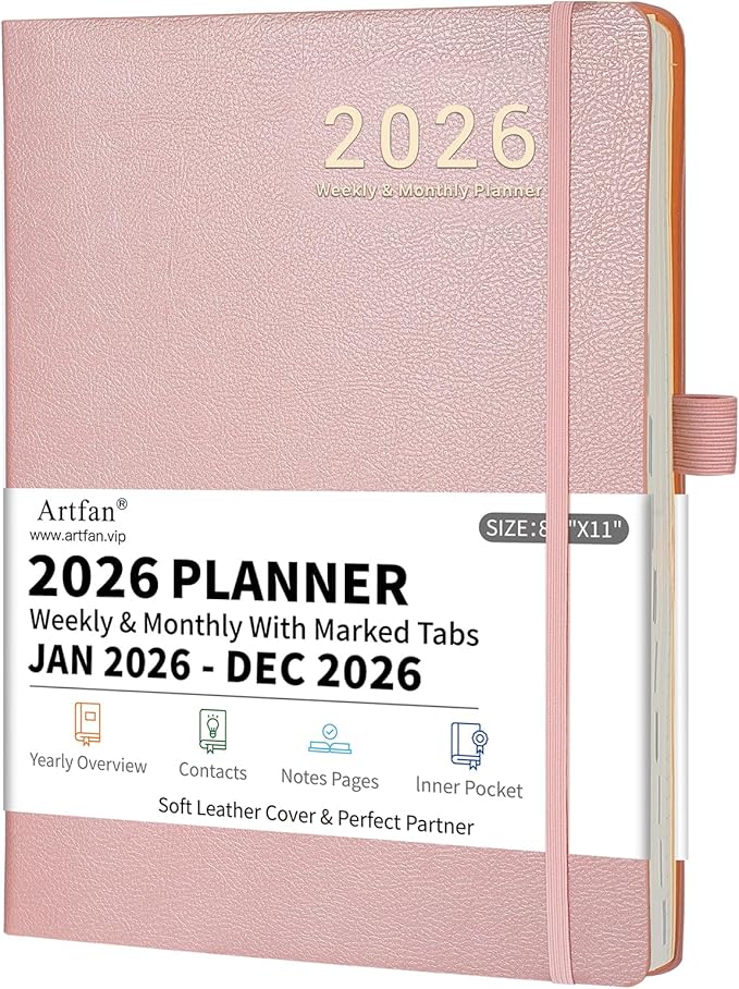 2026 Planner - JAN 2026 - DEC 2026, Planners 2026, Planner Weekly and Monthly, Leather Cover Calendar Planers with Thick Paper, Back Pocket with Notes Pages, Pink (8.5" x 11")-BubblyBeeBaby