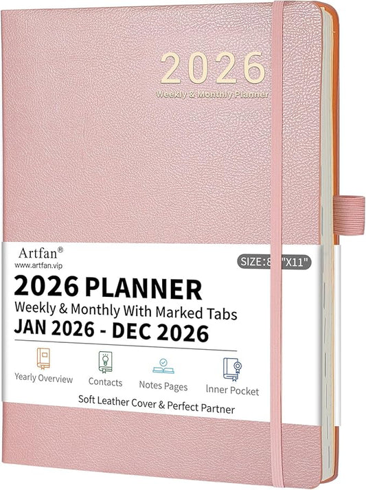 2026 Planner - JAN 2026 - DEC 2026, Planners 2026, Planner Weekly and Monthly, Leather Cover Calendar Planers with Thick Paper, Back Pocket with Notes Pages, Pink (8.5" x 11")-BubblyBeeBaby