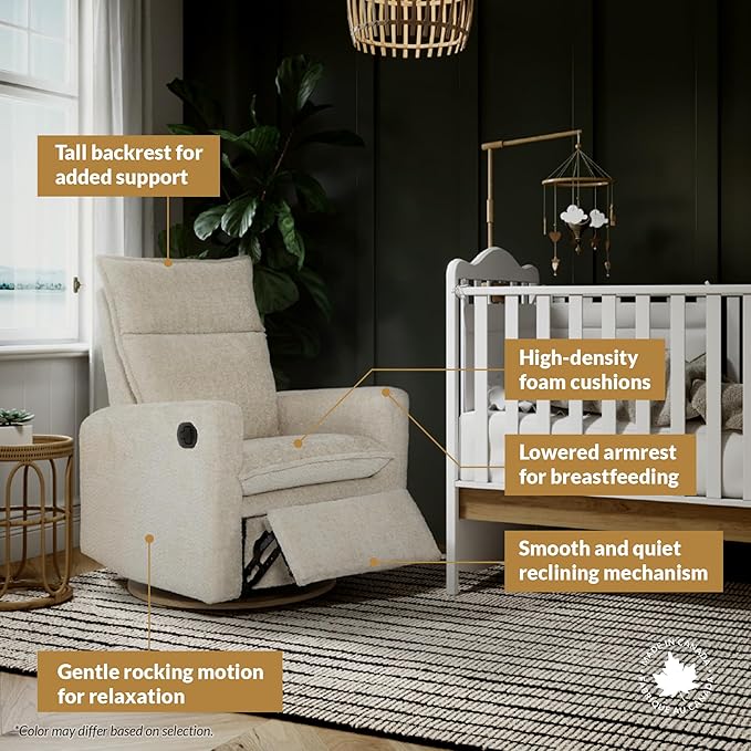 Jaymar Arya Modern Nursery Glider Recliner Chair – Cozy Nursing Chair with 360° Swivel for New Parents, Gentle Motion, Compact Design, High Back & Low Armrests, Canadian Made (Sand/Como Fabric)-BubblyBeeBaby