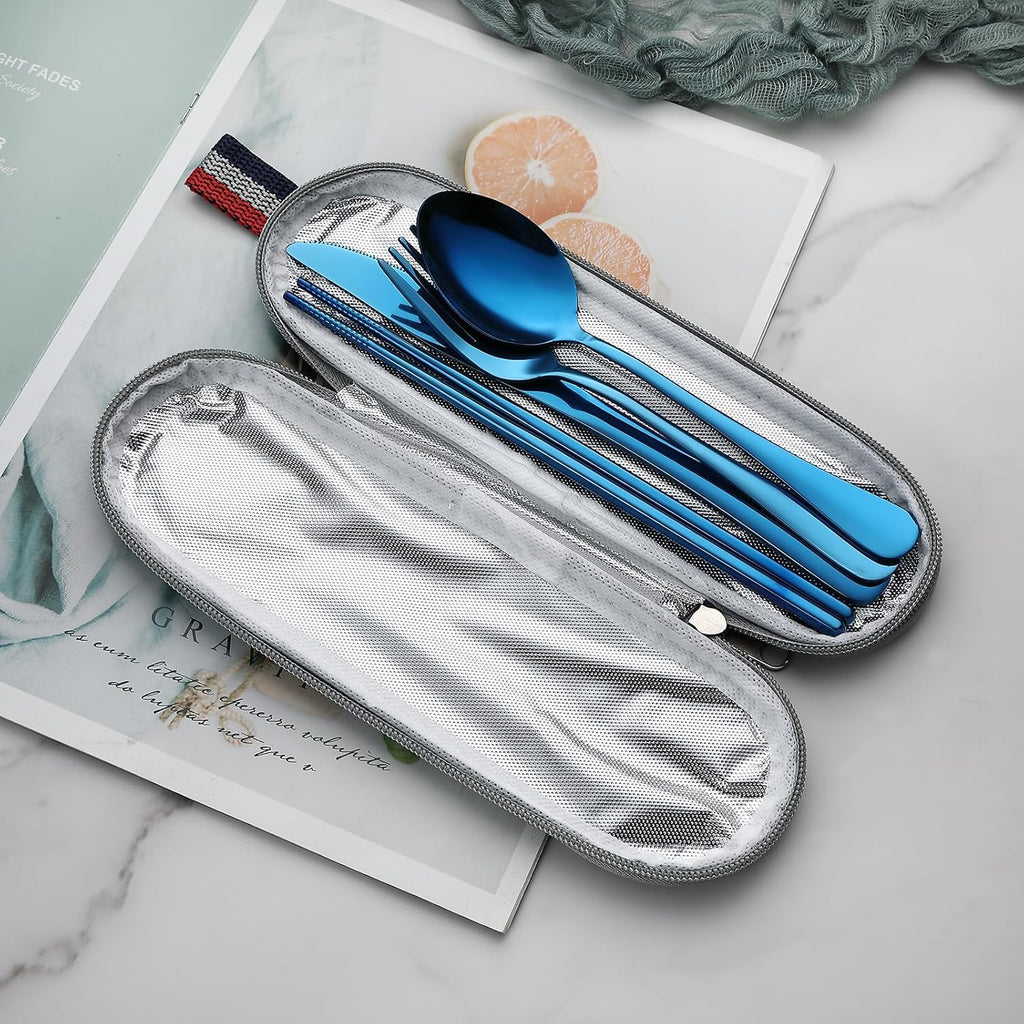 DEVICO Camping Utensils, Portable Travel Utensils with Case, Stainless Steel Reusable Silverware for Lunch Adult, 5Pcs Cutlery Set Includes Knife Spoon Fork Chopsticks and Case (Blue)