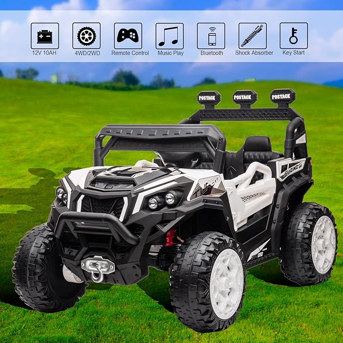 24V Ride On Car for Kids, 4x4 Kids Electric Car with Remote Control Off Road, Children Car with Bluetooth 3 Speeds LED Lights Storage Trunk,White-BubblyBeeBaby