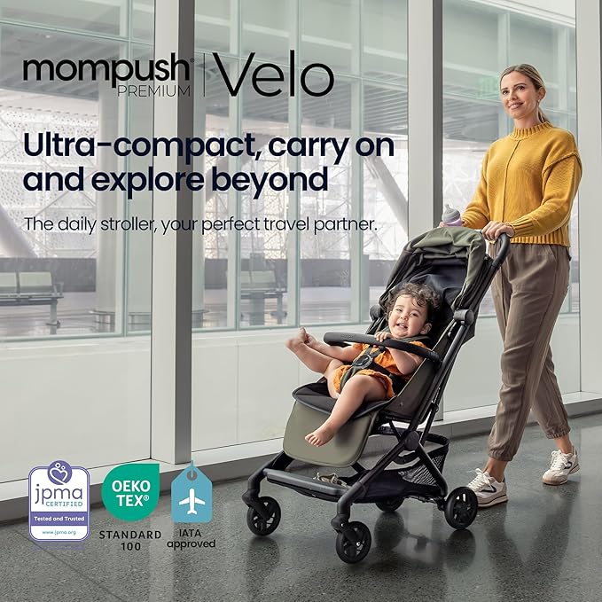 Mompush Velo Lightweight Travel Stroller – One-Hand Fold, Ultra-Compact & Airplane Friendly, Lie-Flat Recline Seat (from Birth to 50 lbs), Includes Cup Holder, Shoulder Strap, and Leather Bumper Bar-BubblyBeeBaby