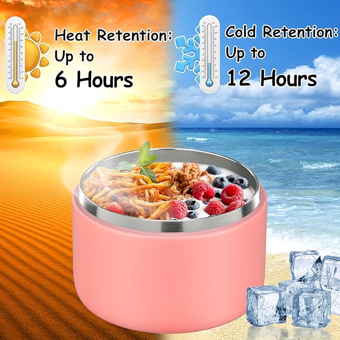 12oz Insulated Vacuum Food Jar with Buckle Lid Wide Mouth Soup Thermo for Hot Food Kids Leakproof Stainless Steel Lunch Container- Pink- 1Pack-BubblyBeeBaby