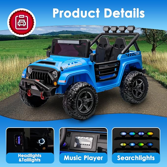 24V 2 Seater Ride On Truck with Remote Control 4WD Electric Car for Kids Ride On Car Battery Powered Ride On Toy Car with Music Player, LED Lights, Bluetooth, Rear Shock Absorber, Blue-BubblyBeeBaby