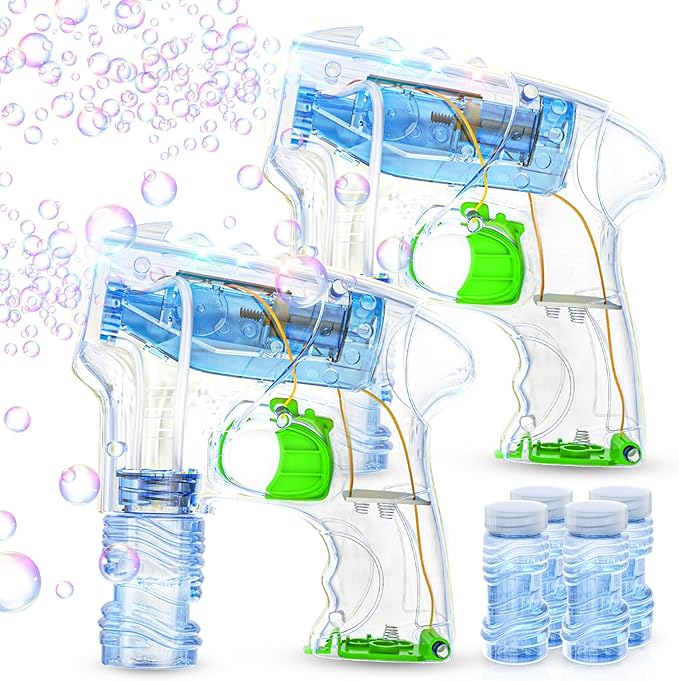 Kid Odyssey 2 Pack Bubble Gun with 4 Refill Solution and 3 Colorful LED Light, Bubble Machine for Kids, Bubble Maker for Party Favors, Birthday Gift, Indoor Outdoor Toys for Toddlers-BubblyBeeBaby