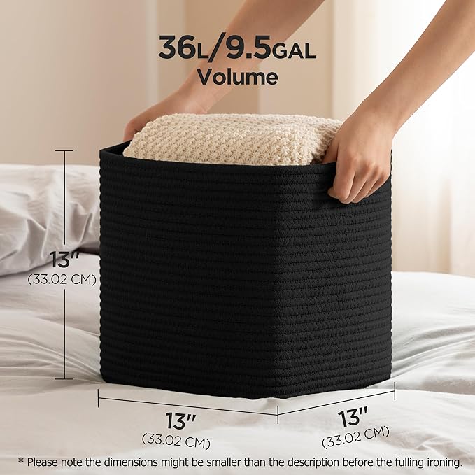 joybest Cube Storage Bins Set of 4, 13inch Cube Baskets Organizer for Nursery, Square Cotton Rope Baskets for Shelves Organizing, Kids Toy, Closet Storage, Black-BubblyBeeBaby