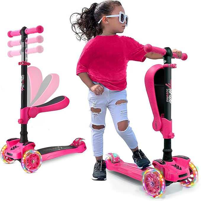 Hurtle 3-Wheeled Scooter for Kids - Wheel LED Lights, Adjustable Lean-to-Steer Handlebar, and Foldable Seat - Sit or Stand Ride with Brake for Boys and Girls Ages 1-14 Years Old-BubblyBeeBaby