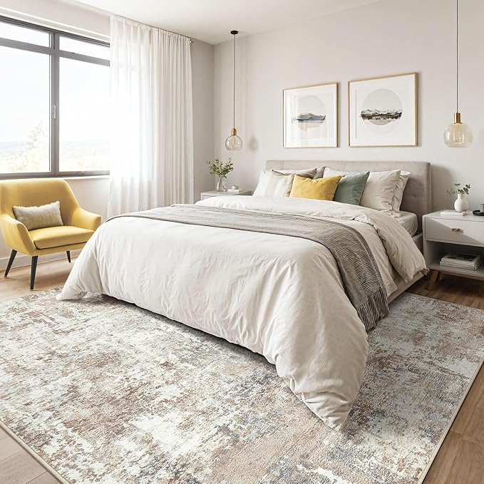 10x14 Area Rugs Living Room: Washable Large Abstract Modern Soft Rug Stain Resistant Indoor Floor Non Slip Accent Carpet for Bedroom Nursery Playroom Office Dining Room Dorm Home House- Brown-BubblyBeeBaby