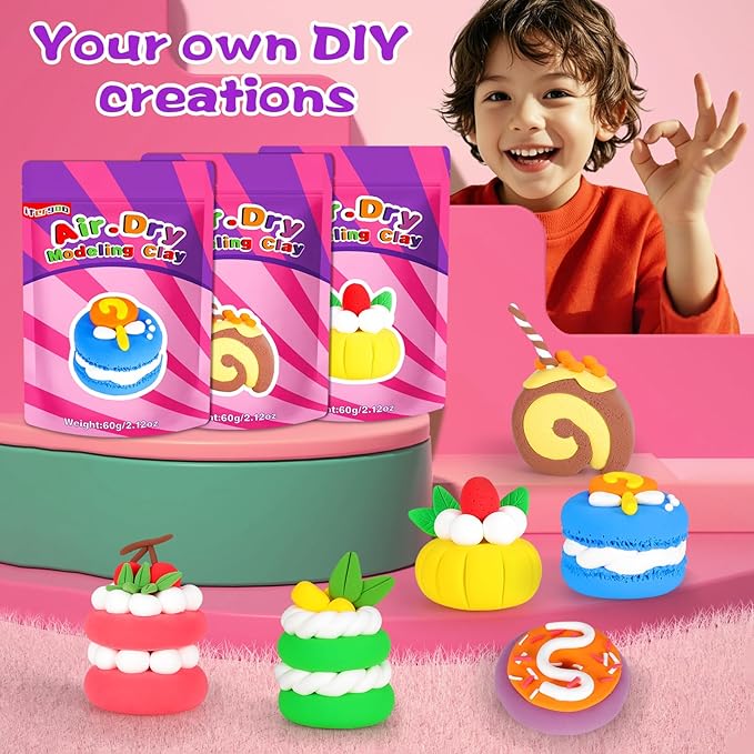 ifergoo Air Dry Clay Kit for Kids - Cakes Modeling Clay, Includes 6 Dessert Designs and Display Stand, DIY Art & Crafts School Projects, Home Party Kids Toys, Holidays Gifts for Age 3-12 Girls & Boys-BubblyBeeBaby