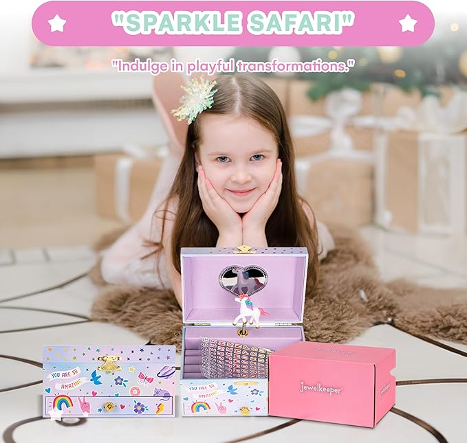 Jewelkeeper Musical Jewelry Box with Alphabet Sticker - Personalize with Names - with 1 Pullout Drawer and Spinning Unicorn Doll - Beautiful Dreamer Tune - Ideal for Kids 5 and Up - 5.37"Lx7.25"Wx4"H-BubblyBeeBaby