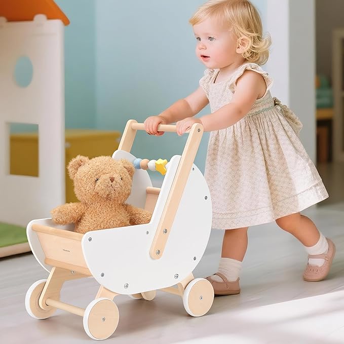 Wooden Baby Walker & Doll Stroller – Adjustable Handle Push Cart, Anti‑Tip, Quiet Wheels, Pretend Shopping Cart – Montessori Wooden Walker for Babies , Doll Stroller for Toddlers 12m+-BubblyBeeBaby