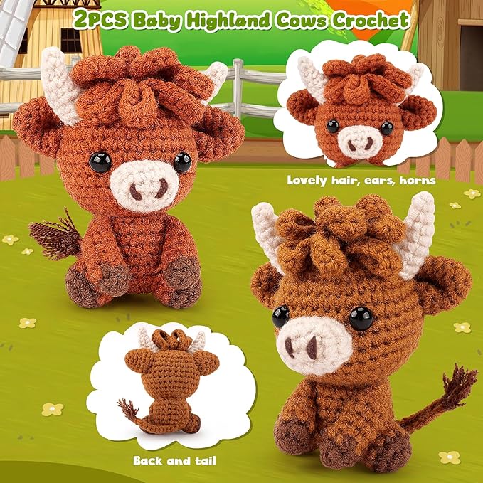 Highland Cow Crochet Kit for Beginners - 2PCS Animals Crochet Kit with Step-by-Step Video Tutorials, Highland Cows Crocheting Kit, Crochet Starter Kit for Kids and Adults, Stuffed Animal Knitting Kit-BubblyBeeBaby
