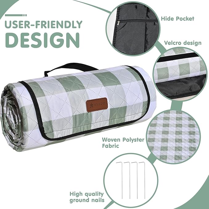 HX&OD Outdoor Picnic Blanket, Extra Large, 80''x60'' Waterproof Foldable Blankets Gingham Picnic Mat for Beach, Camping Grass Lawn Park Accessories Cute Couple Ideas Wedding (Green, 80”x60”)-BubblyBeeBaby