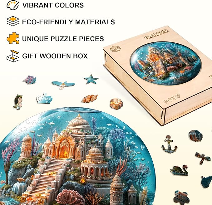Jigfoxy Wooden Puzzles for Adults, Indian Temple Sanctua Wood Puzzles Adult, Unique Animal Shape Wooden Jigsaw Puzzles for Adults, Birthday Gifts for Puzzle Lovers, Family, Friend (S-8.5*8.5in-100pcs)-BubblyBeeBaby