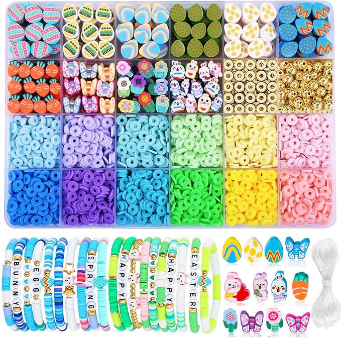 2480pcs Easter Polymer Clay Beads Bracelet Making kit, 24 Style Cute Fun Beads Charms for Jewelry Necklace Earring Making DIY Accessories for Women Girls-BubblyBeeBaby