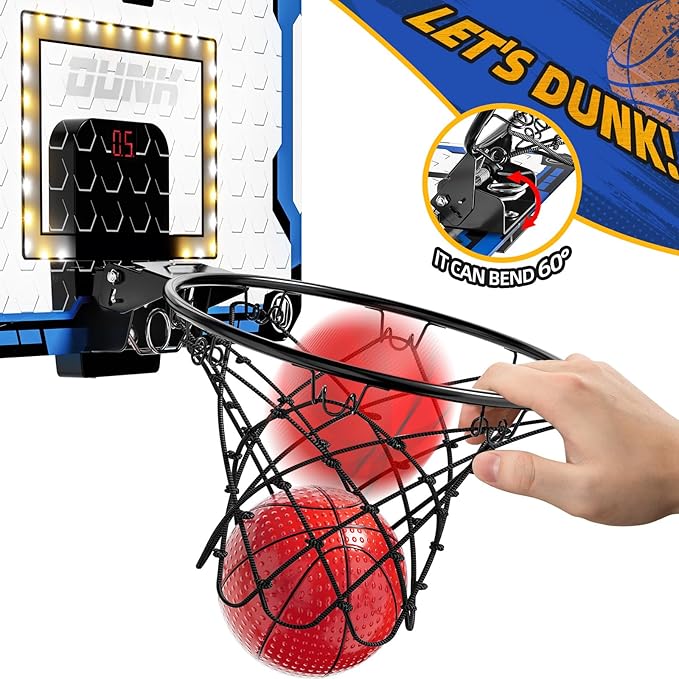 Indoor Basketball Hoop for Kids, Over The Door Mini Basketball Hoops, LED Light Mini Hoop with Scoreboard & 4 Balls, Kids Basketball Hoop Sport Toys Gifts for 5 6 7 8 9 10 11 12+Year Old Boys-BubblyBeeBaby