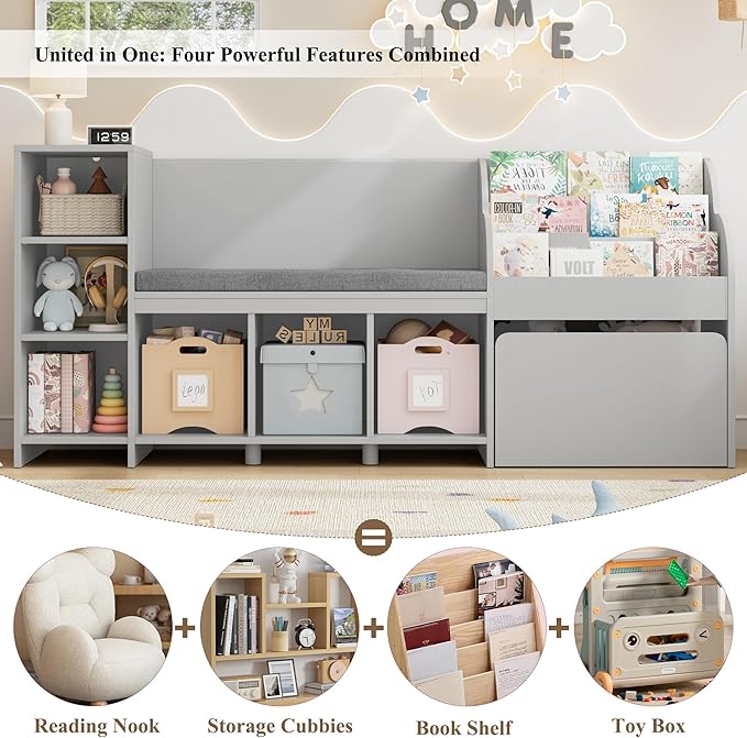 HOSTACK 67" Kids Reading Nook with Bench, Kids Bookshelf and Bookcase with Seat Cushion and 6 Storage Cubbies, Toy Storage Box on Wheels, Toy Chest for Playroom, Bedroom, School, Grey-BubblyBeeBaby