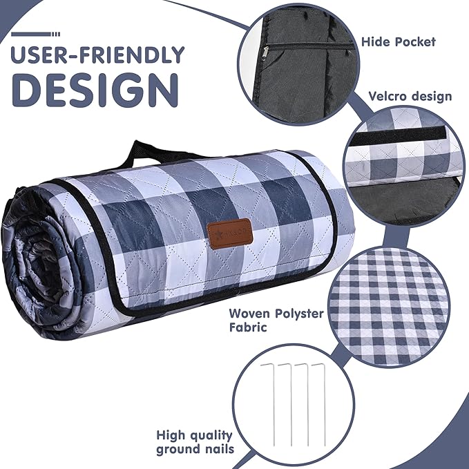 HX&OD Outdoor Picnic Blanket, Extra Large, 80''x60'' Waterproof Foldable Blankets Gingham Picnic Mat for Beach, Camping Grass Lawn Park Accessories Cute Couple Ideas Wedding (Gray, 80”x60”)-BubblyBeeBaby