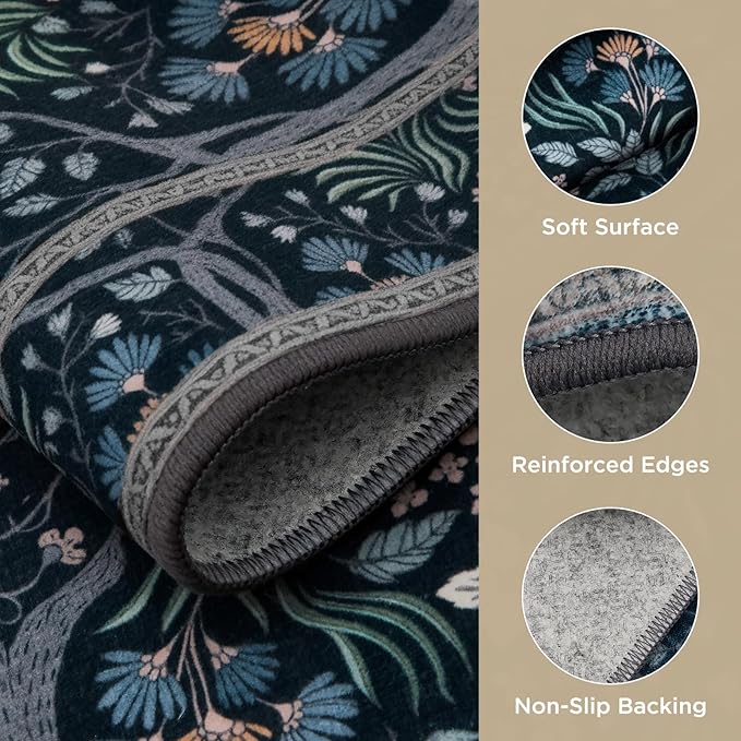 Joydeco Floral Washable Runner Rug for Kitchen, Forest Hallway Rug Runner 2x6 Non Slip, Boho Botanical Ultra-Thin Soft Indoor Floor Throw Carpet for Bathroom Entryway Foyer, Blue-Black-BubblyBeeBaby
