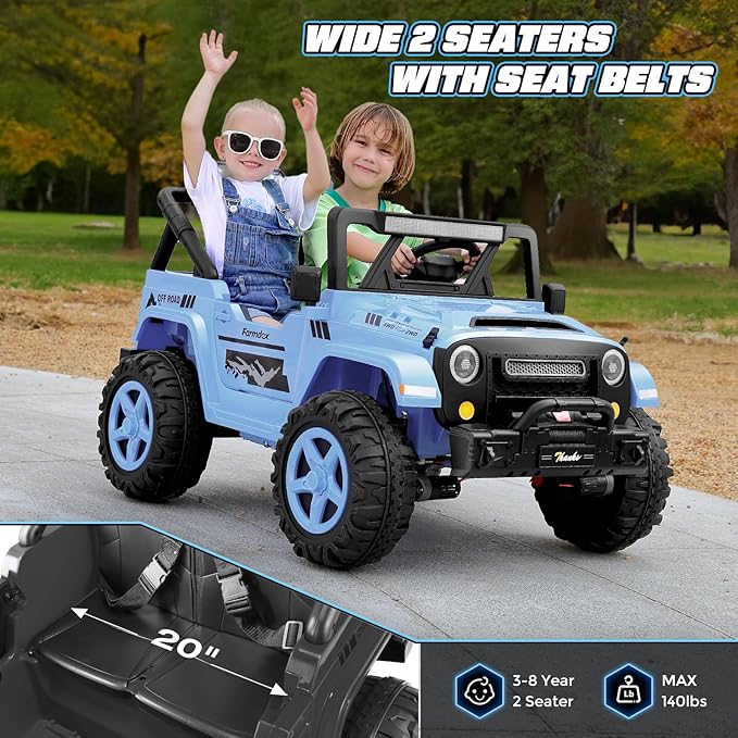 Hikole 2 Seater XL Ride on Cars for Kids - 24V Electric Car with 20 Inch Wide Seat, 4WD/2WD Switch, Remote Control, LED Lights, Music Player, Battery Powered Car for Kids, Blue-Gray-BubblyBeeBaby