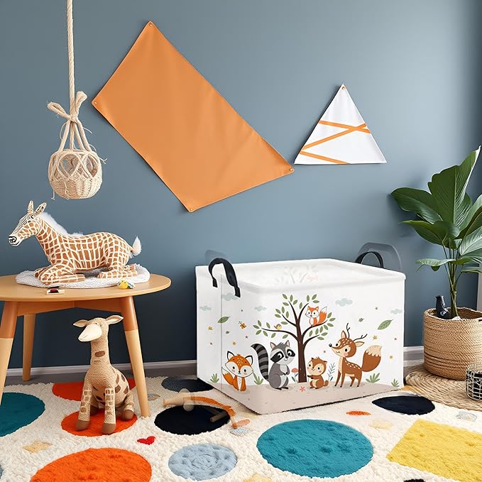 HIYAGON Rectangular Woodland Animal Basket Kids Baby Storage Basket Storage Bin Organizer Box Animal Room Decor(Spring Animal)-BubblyBeeBaby