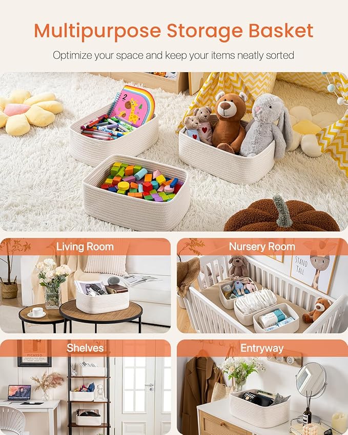 KALLAX Small Woven Basket, 13.5 x 9.5 x 5 Inches, Storage Basket for Organizing, Cute Small Rope Shelf Closet Cube Storage Bins Baskets for Shelves, Dog Toy Gift Baskets Empty, 3 Packs, Off White-BubblyBeeBaby